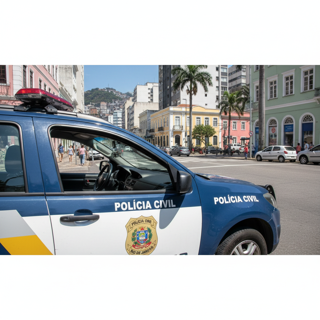 Operação policial da Polícia Civil do Rio de Janeiro com viatura caracterizada em destaque à luz do dia.