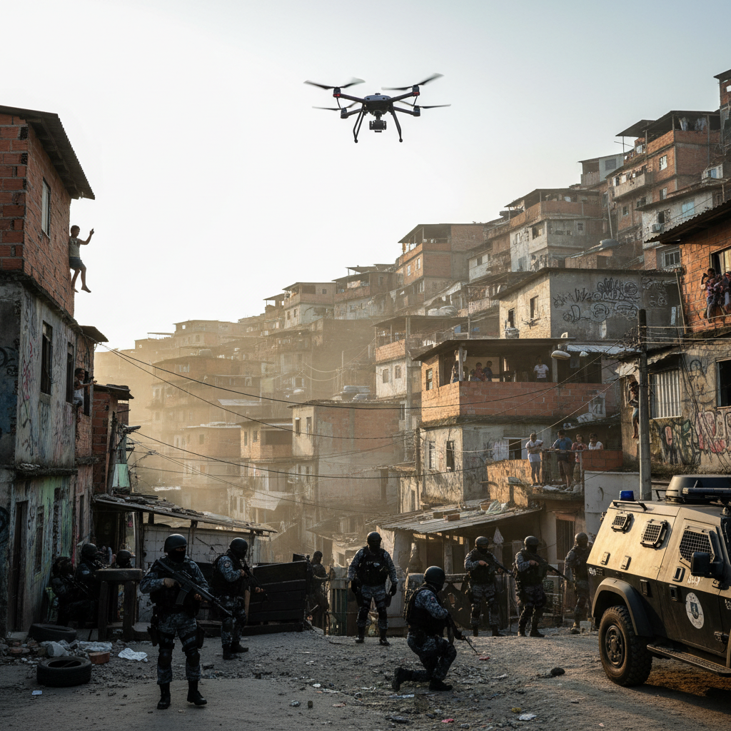 Polícia em operação na favela do Rio de Janeiro com drone no céu