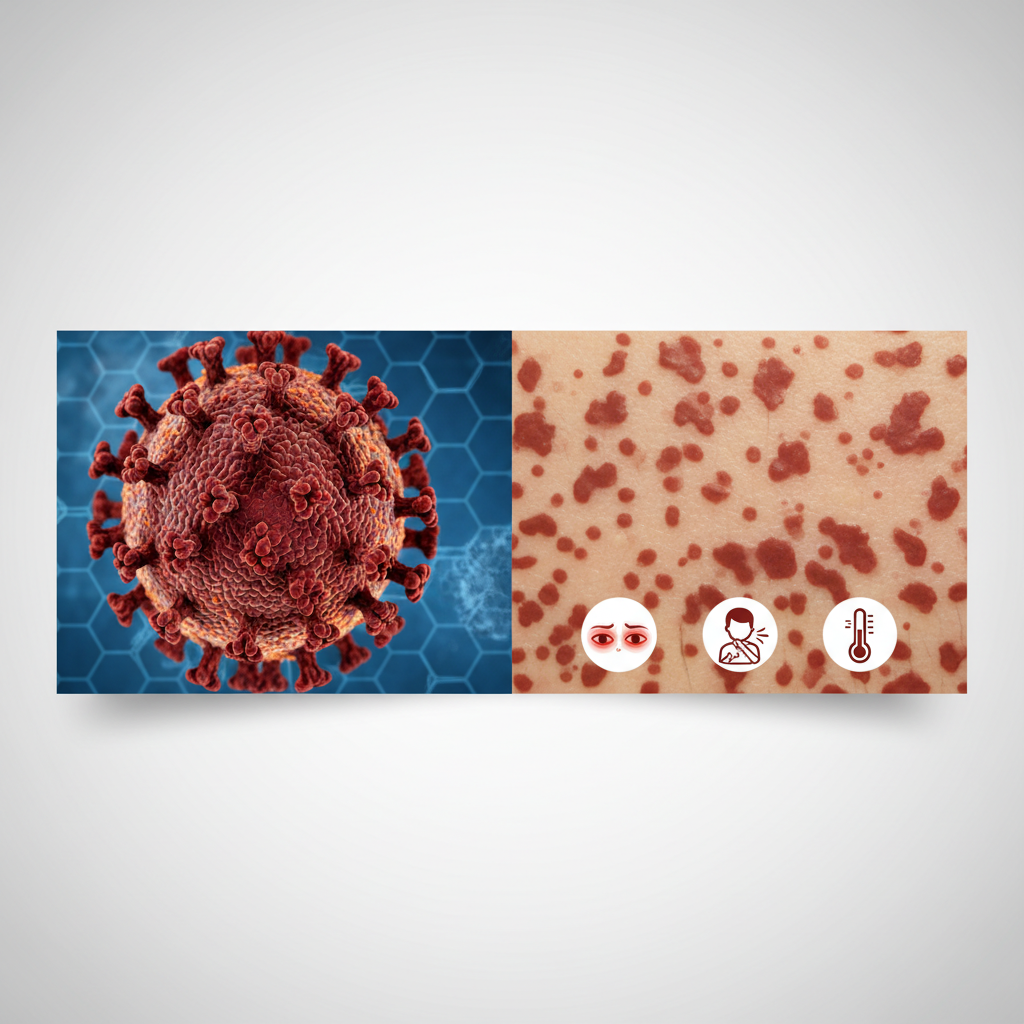 Ilustração do vírus do sarampo e seus sintomas em um contexto de alerta de saúde pública