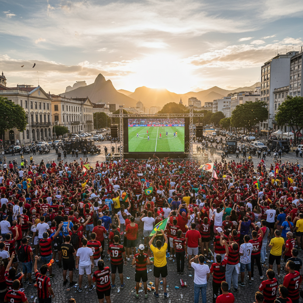 Torcedores de futebol reunidos no Rio de Janeiro assistindo a uma partida em um telão, com elementos de policiamento sutilmente ao fundo, indicando segurança e controle de multidões.