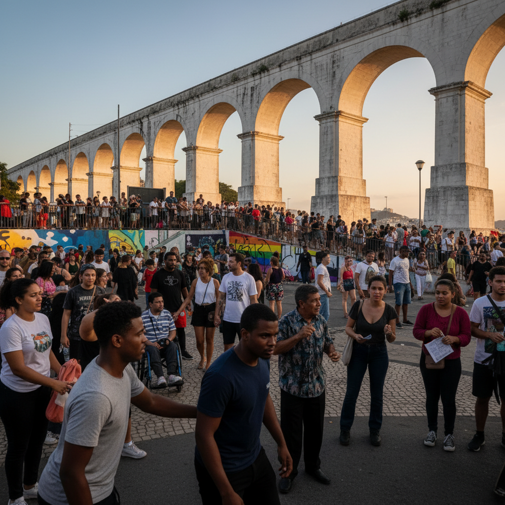 Arcos da Lapa no Rio de Janeiro com pessoas diversas