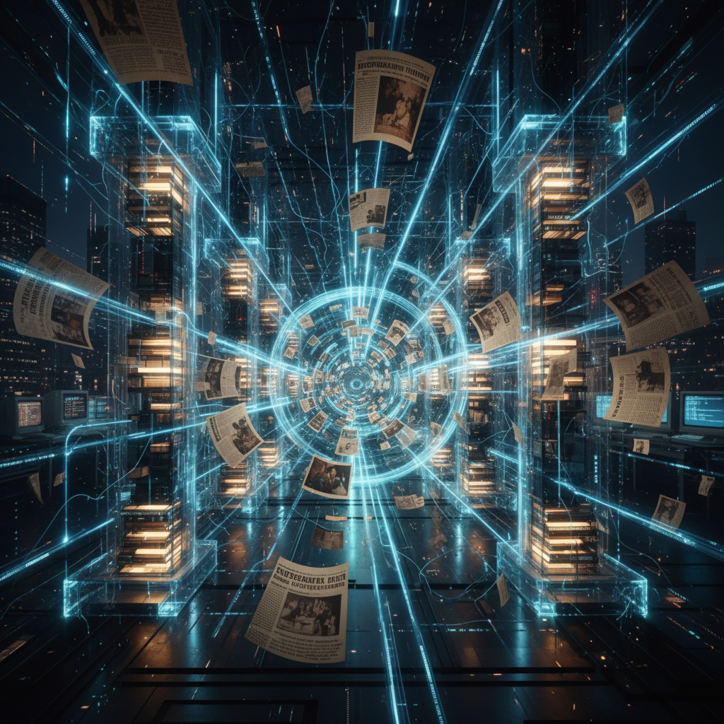 Representação visual de dados e conexões online, simbolizando o banco de dados da Folha de São Paulo.