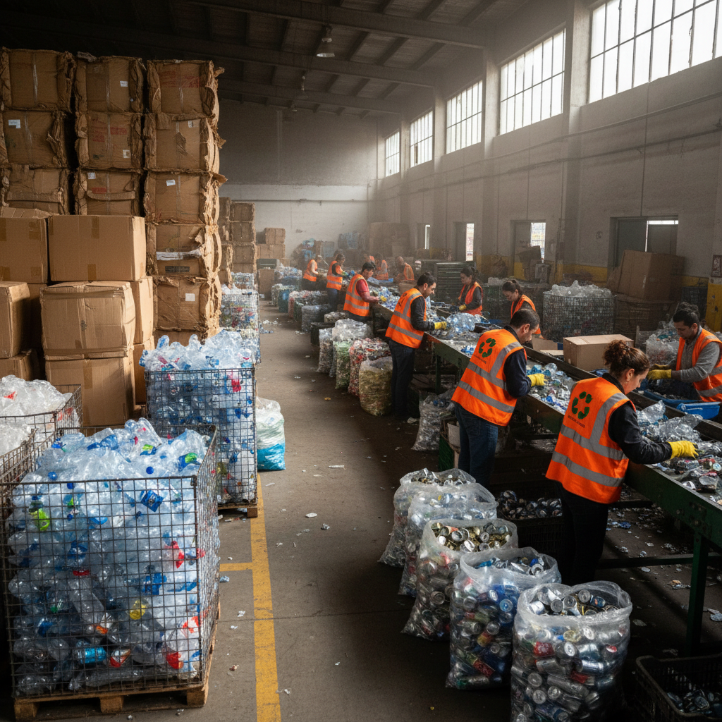 Centro de triagem de lixo reciclável do Carnaval do Rio, com catadores separando materiais