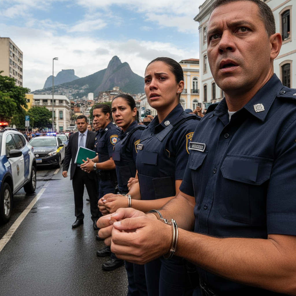 Policiais militares sendo detidos durante operação do Ministério Público no Rio de Janeiro.