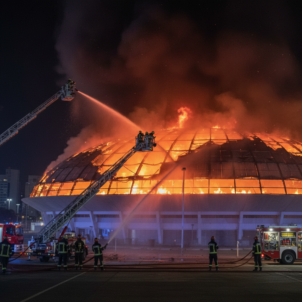 Bombeiros combatendo incêndio no Velódromo do Parque Olímpico