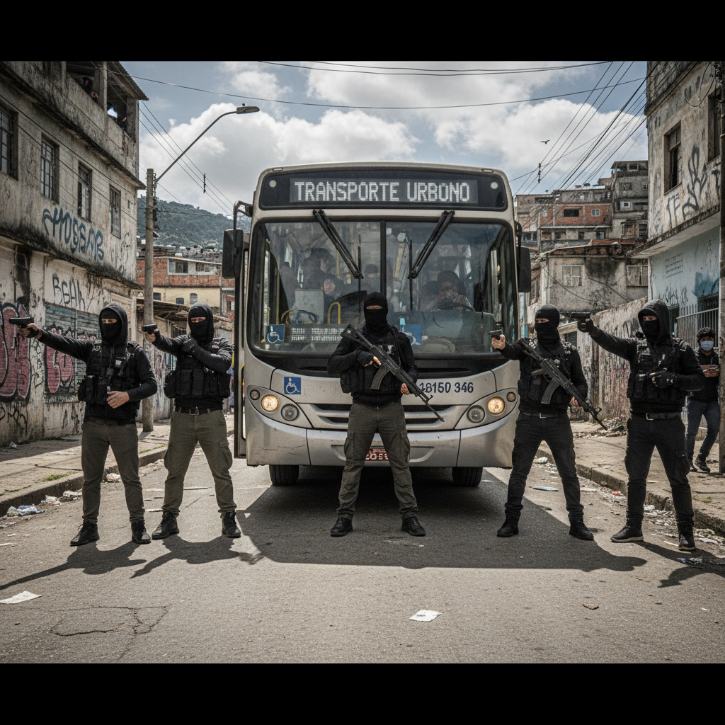 Criminosos próximos a um ônibus parado no Rio de Janeiro