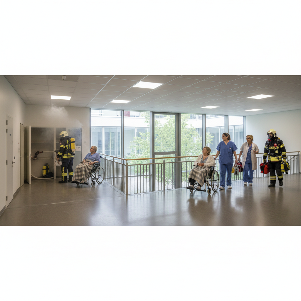 Equipes de emergência agindo em princípio de incêndio no Hospital Albert Schweitzer