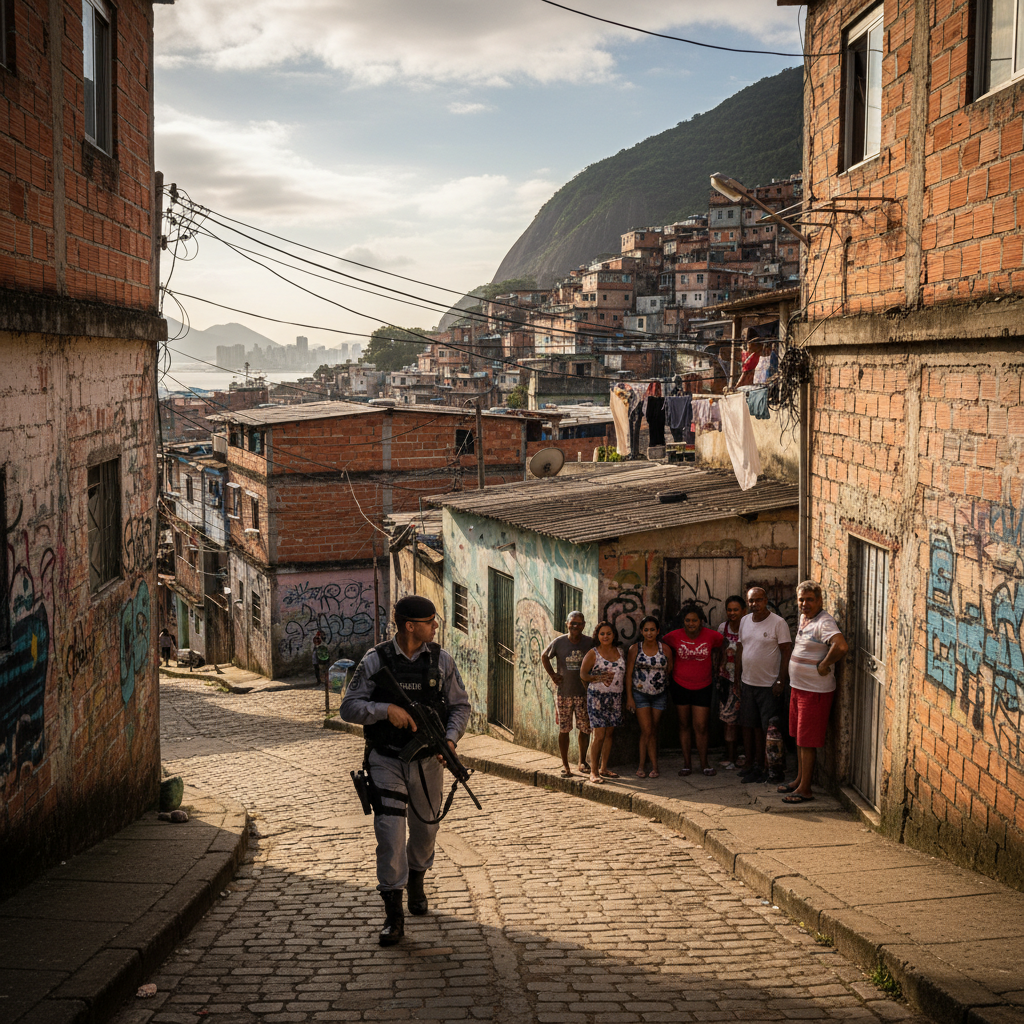 Policial patrulhando comunidade no Rio de Janeiro