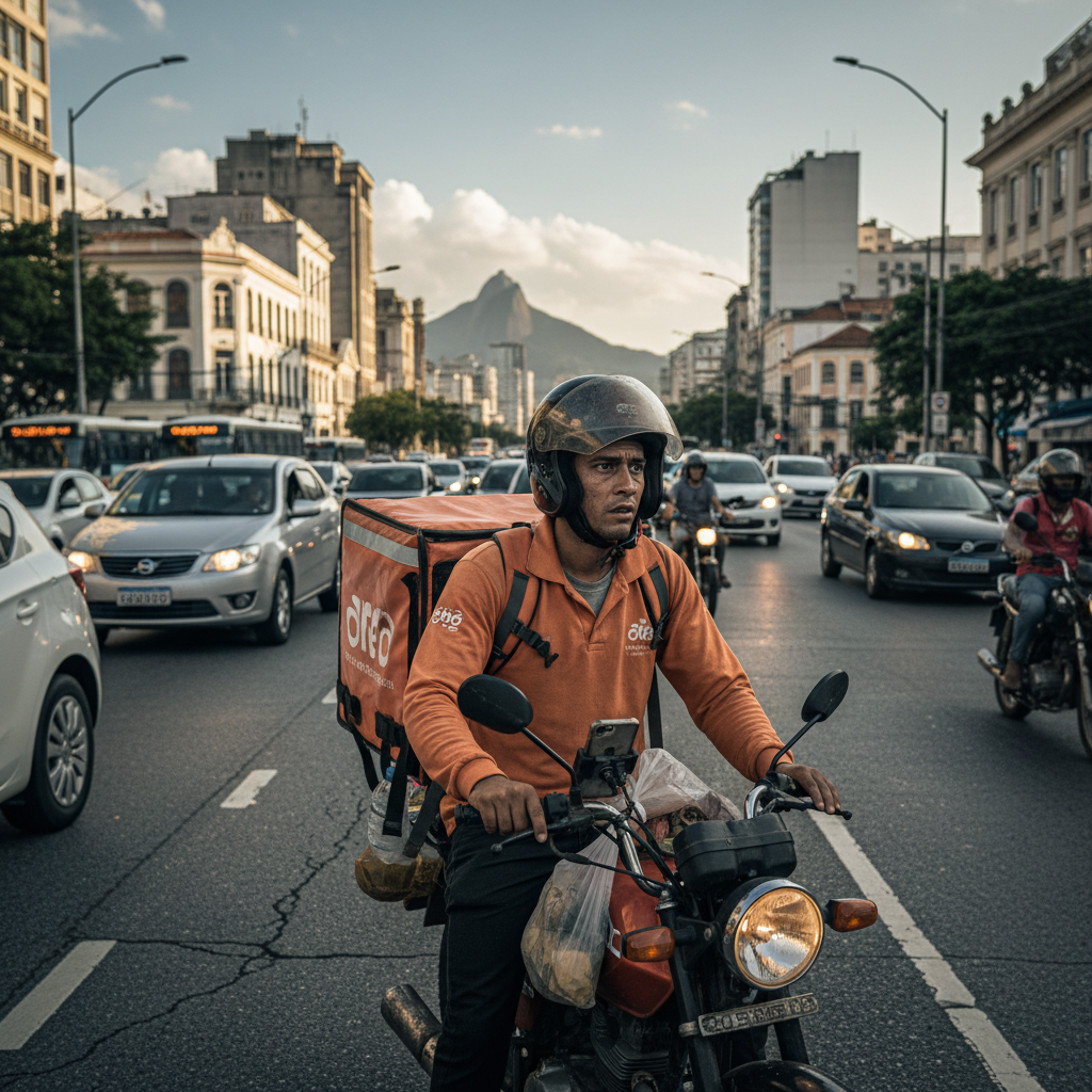 Entregador de aplicativo no Rio de Janeiro, representando a vulnerabilidade dos trabalhadores