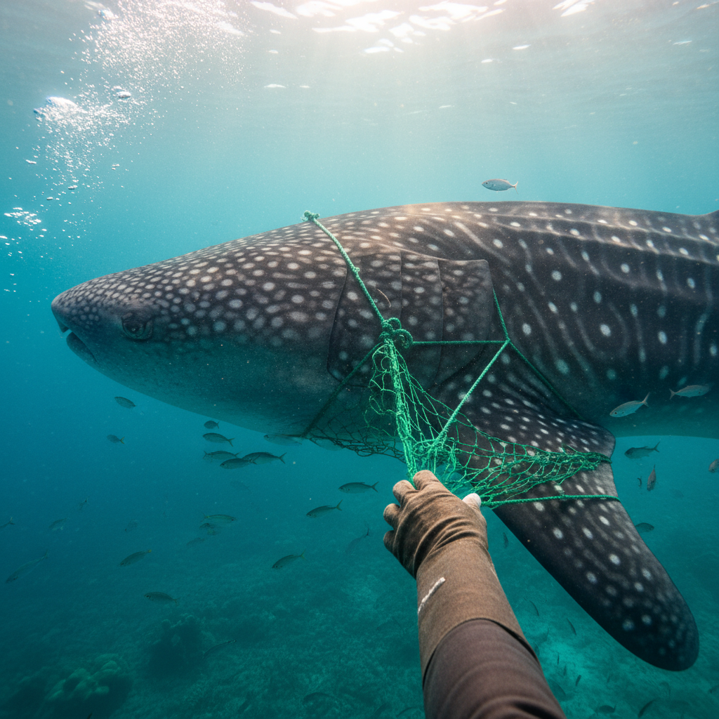Homem tentando desenredar tubarão-baleia de rede de pesca