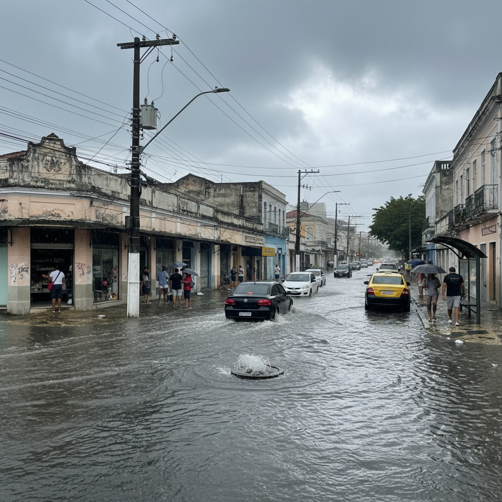 Rua alagada na Zona Norte do Rio de Janeiro durante chuva forte