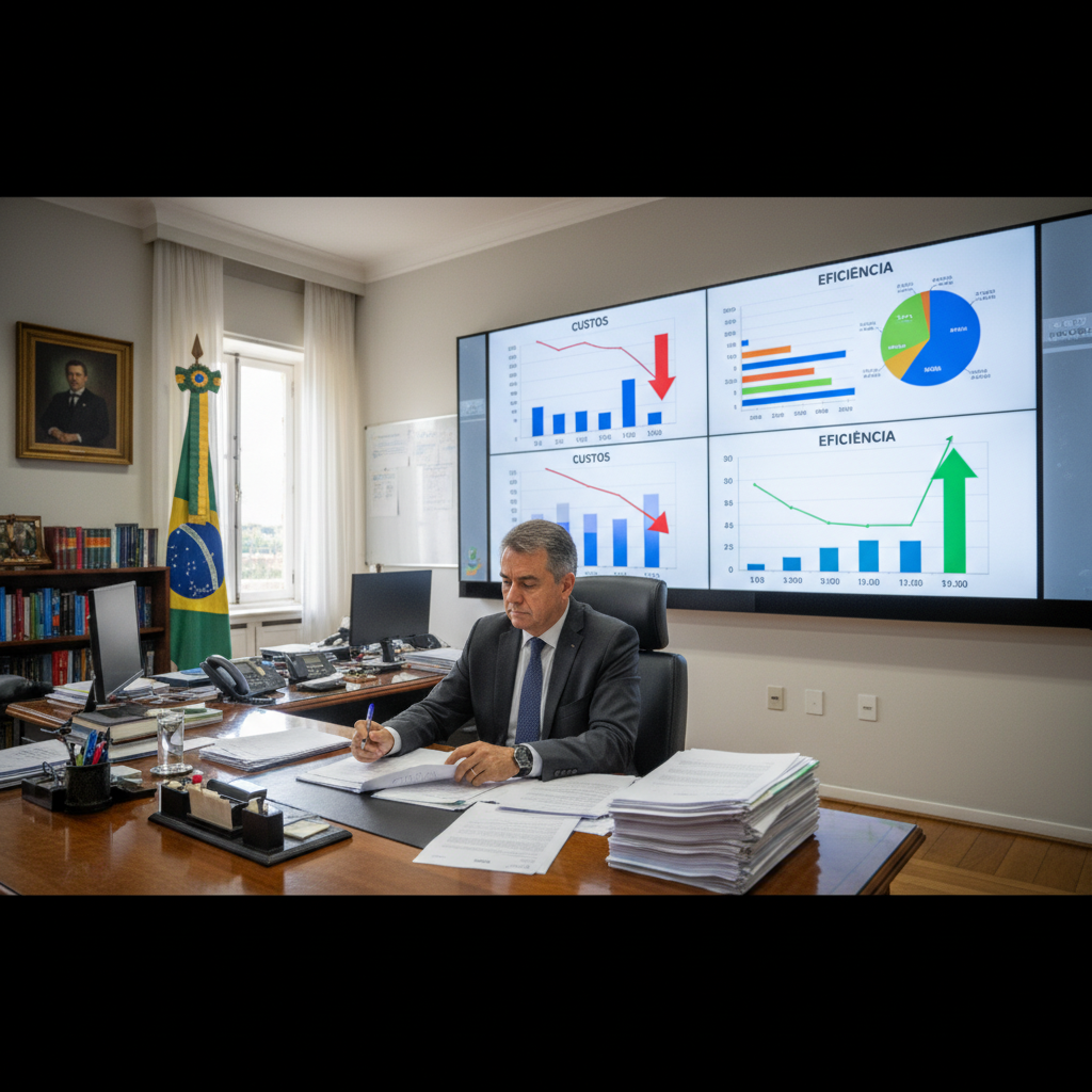 Governador em exercício Ricardo Couto revisando documentos em seu gabinete, com gráficos de custos e eficiência ao fundo.